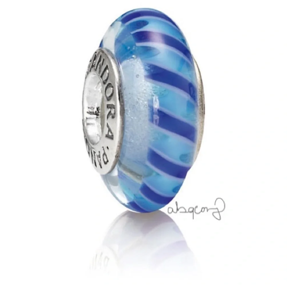 EUC Pandora 790611 Striped Teal & Blue Murano Glass Charm